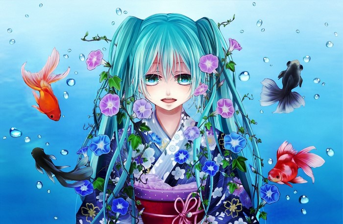 Hatsune Miku in Kimono with Goldfish and Morning Glories