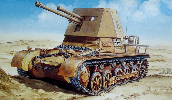 Painting of a German Flakpanzer IV Wirbelwind in a desert