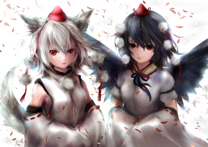 Two anime girls with red eyes and white outfits