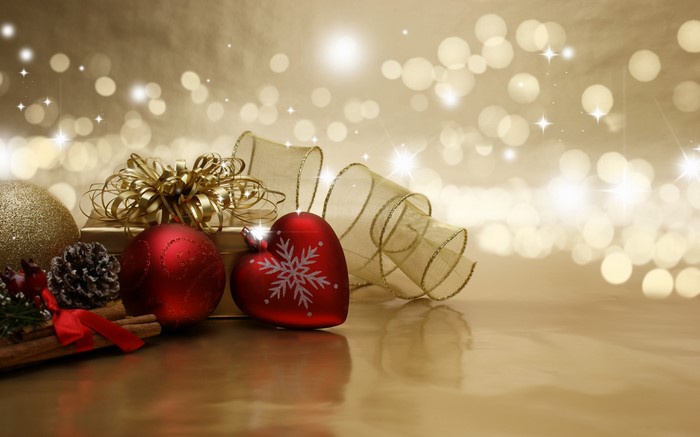 Christmas ornaments and gift box with bokeh lights