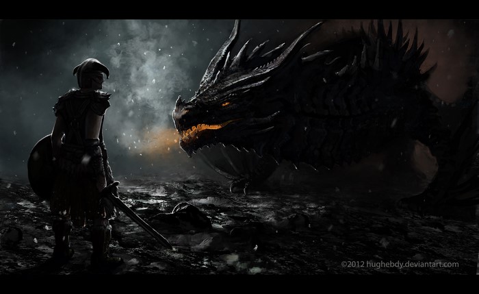 Dragonborn warrior facing a dragon in Skyrim