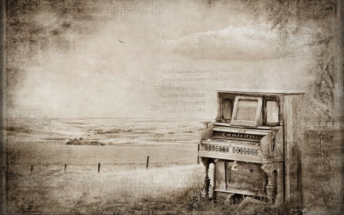 Antique piano in a field with a bird overhead