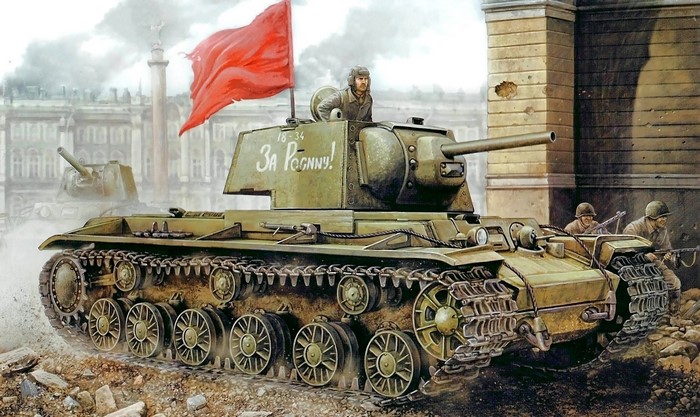KV-85 Tank with Red Flag and Soldiers