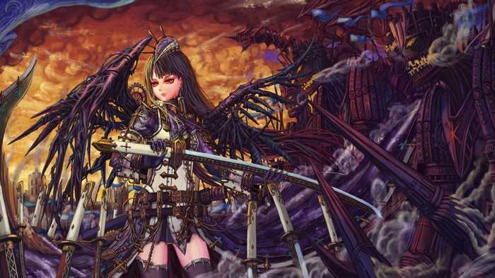 Warrior with wings and steampunk mech