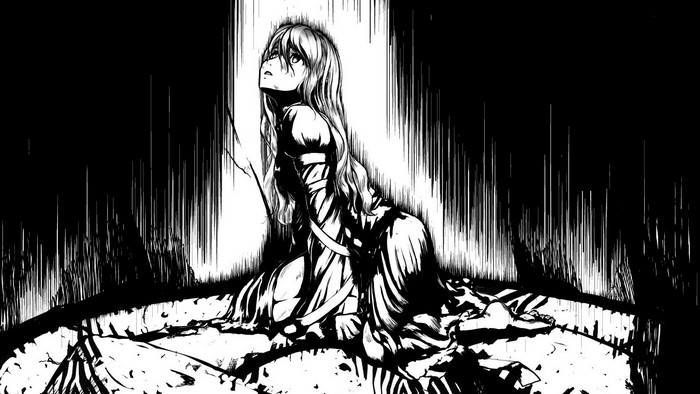 A woman in a white dress kneeling in the dark