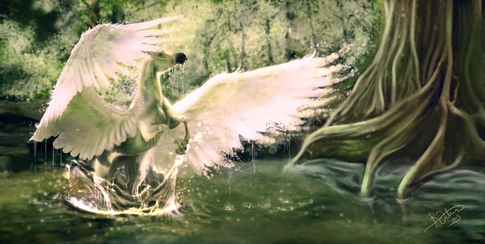Pegasus in a magical forest stream