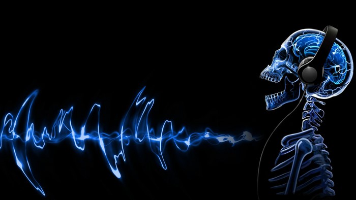 Skeleton with headphones and brain waves