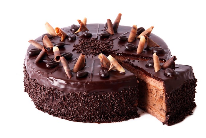 Chocolate cake with coffee beans and chocolate shavings