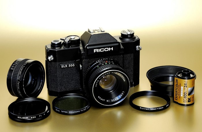 Ricoh SLX 500 camera with accessories