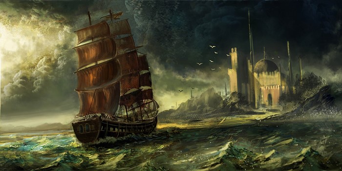 Sailing Ship Approaching Ancient City