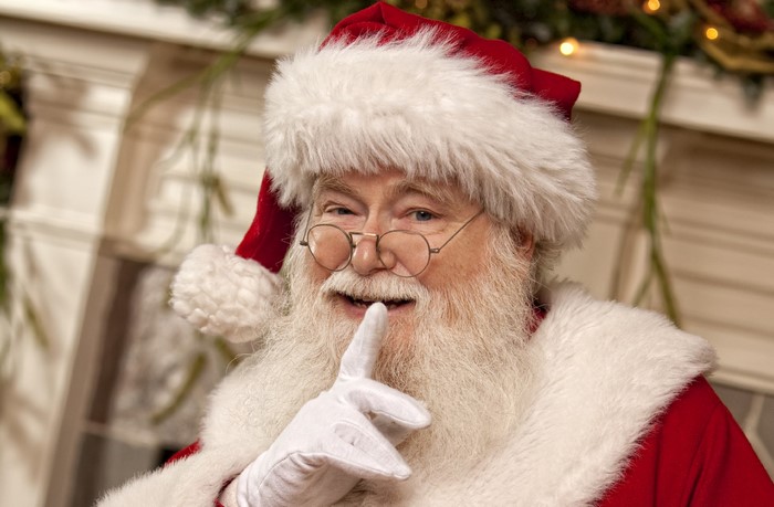 Santa Claus winking and holding a finger to his lips