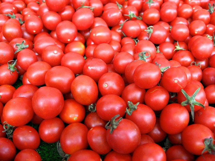 A pile of ripe red tomatoes