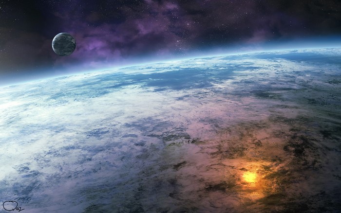 Planet and moon in space with nebula