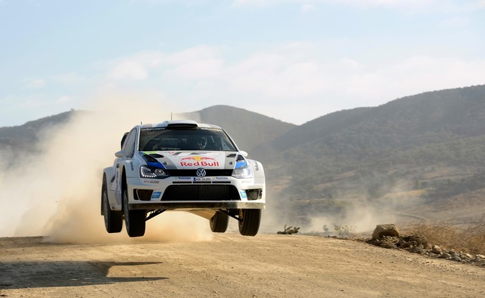 Volkswagen Polo rally car in flight