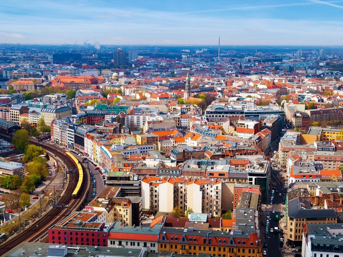 Aerial view of Berlin, Germany with train tracks