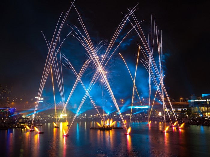 Fireworks over water in Sydney at night