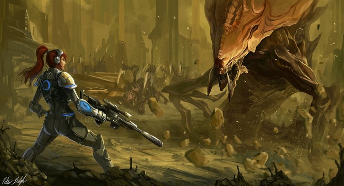 StarCraft warrior with rifle fighting monsters