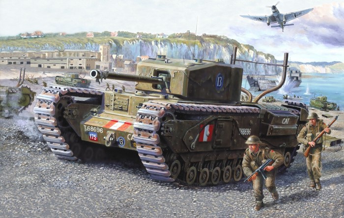 Churchill Mk III tank and soldiers on a beach