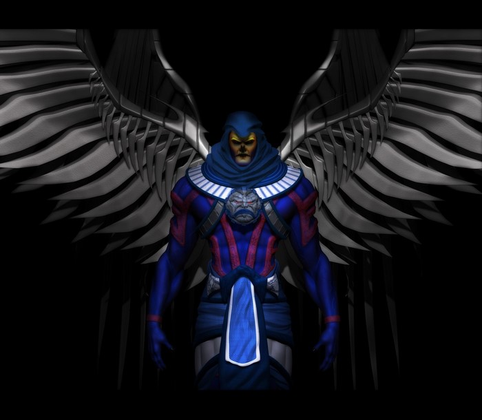 A winged figure with a blue hood and mask