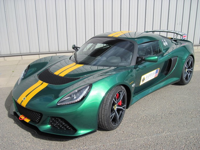 Green 2013 Lotus Exige V6 Cup with Yellow Stripes
