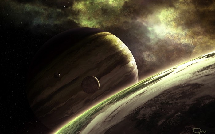 Planets and moons in space with nebulae