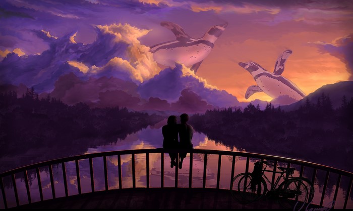Couple on Bridge Watching Flying Penguins at Sunset