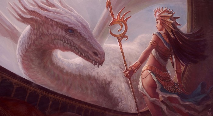 Woman with staff and white dragon