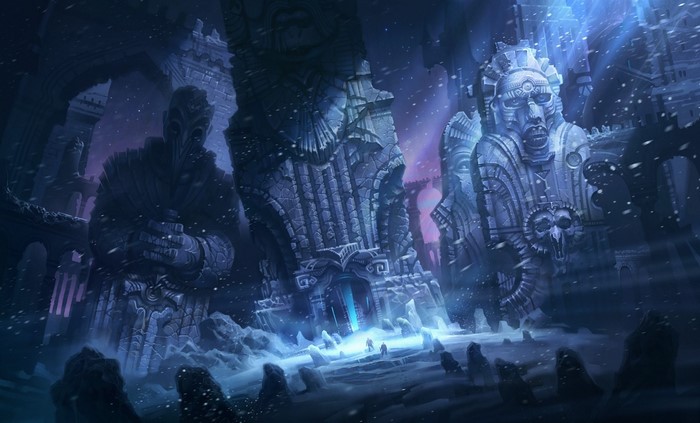 Ancient ruins in a snowy, fantastical landscape at night