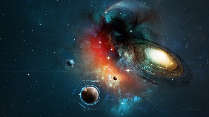 Galaxy with nebulae and planets