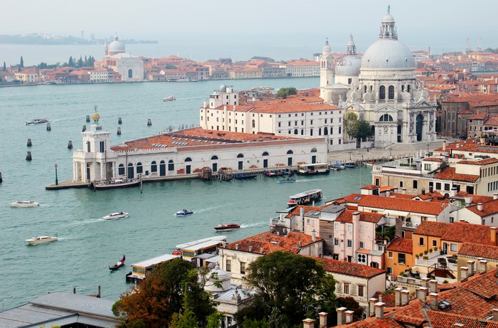 Venice, Italy from above with boats and buildings