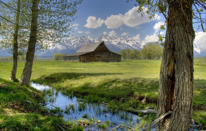 Barn and mountains in Grand Teton National Park, Wyoming