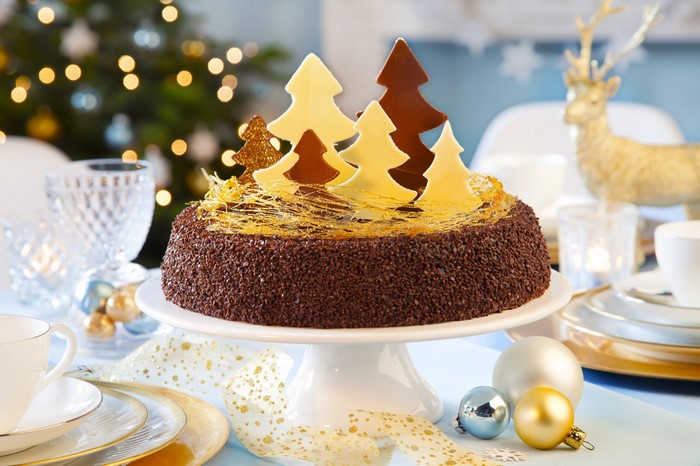 Chocolate Christmas cake with tree decorations