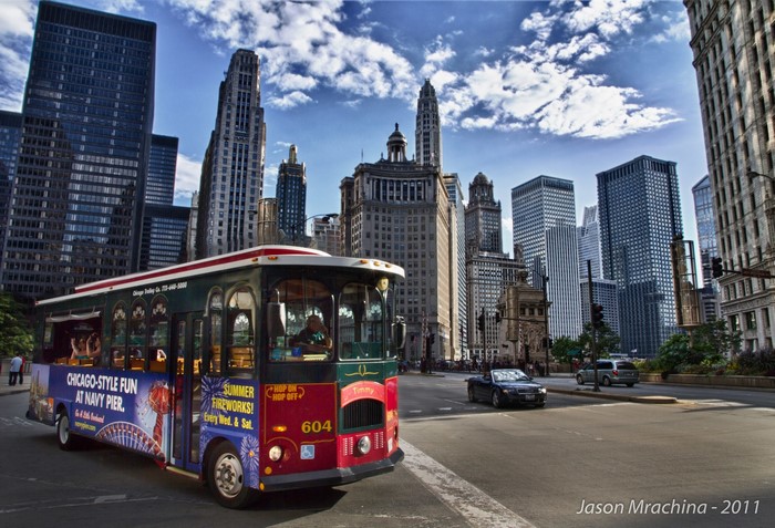 Chicago Trolley Bus with Navy Pier Advertisement