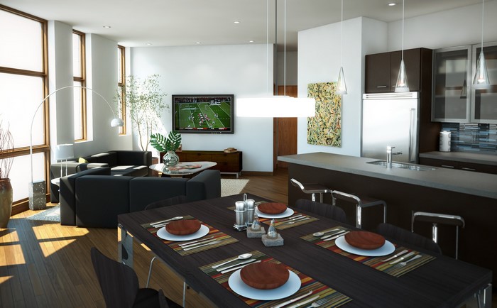 Modern living room and kitchen with dining table