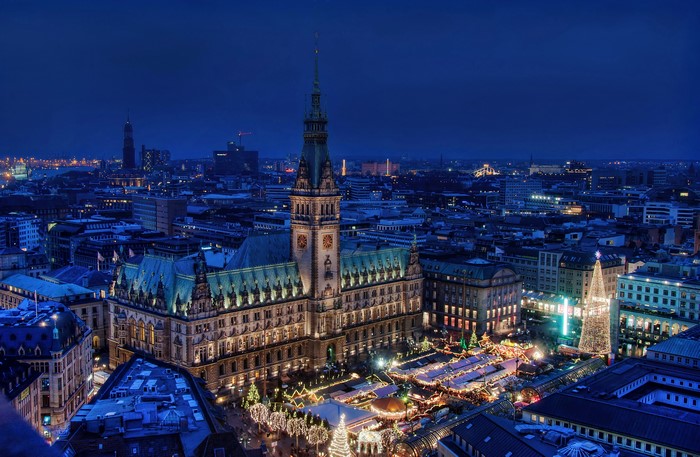 Hamburg City Hall and Christmas Market at Night