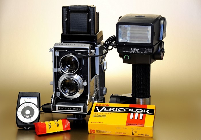 Mamiya C33 camera with Sunpak flash and Kodak Vericolor film