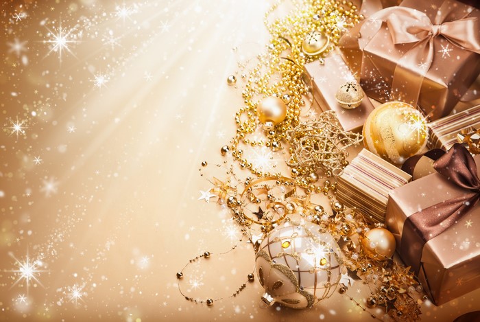 Christmas gifts and ornaments with snowflakes