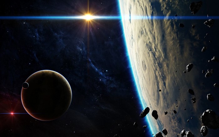 Planets and asteroids in space with a bright star