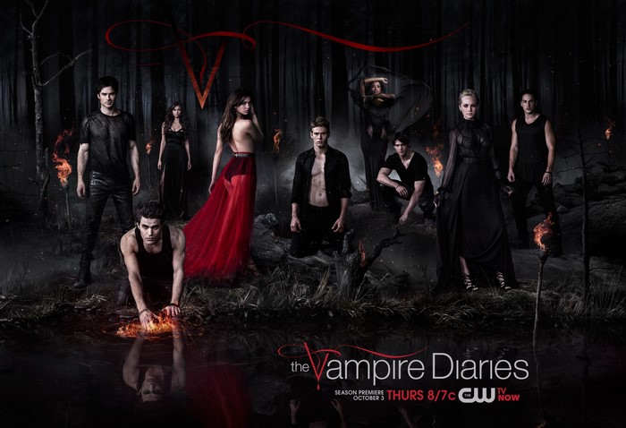 The Vampire Diaries cast in a dark forest