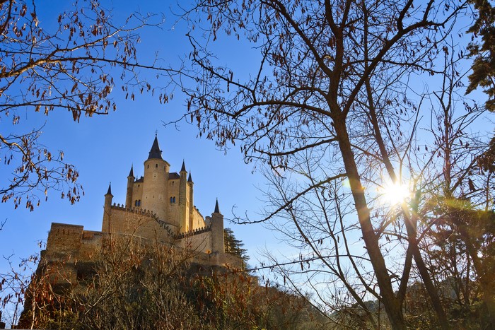 Alcázar of Segovia, Spain, with Trees and Sun