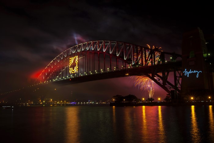 Sydney Harbour Bridge at Night with Fireworks