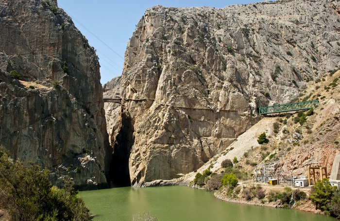 El Chorro Gorge with river and bridges, Andalusia, Spain