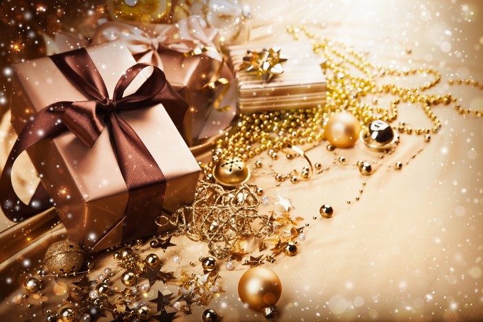 Christmas Gifts with Gold Decorations and Snowflakes