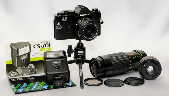 Mamiya ZE Quartz camera with Yashica CS-201 flash and lenses
