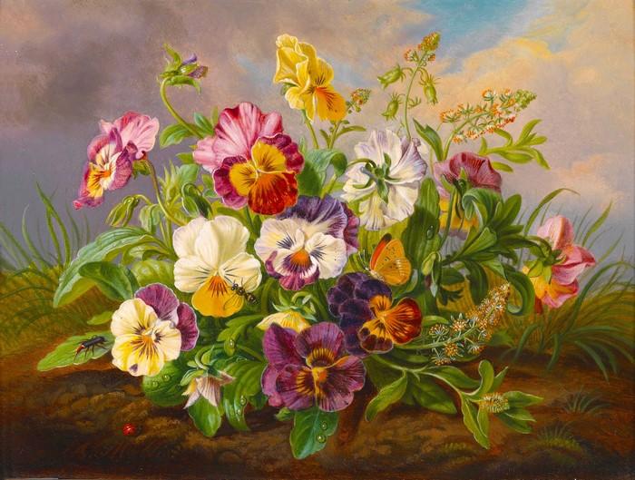 A painting of pansies with insects and a butterfly