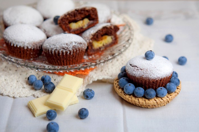 Chocolate muffins with blueberries and white chocolate