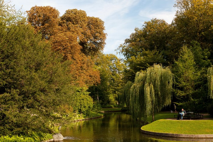 Canal in a park with autumn trees and people on a bench