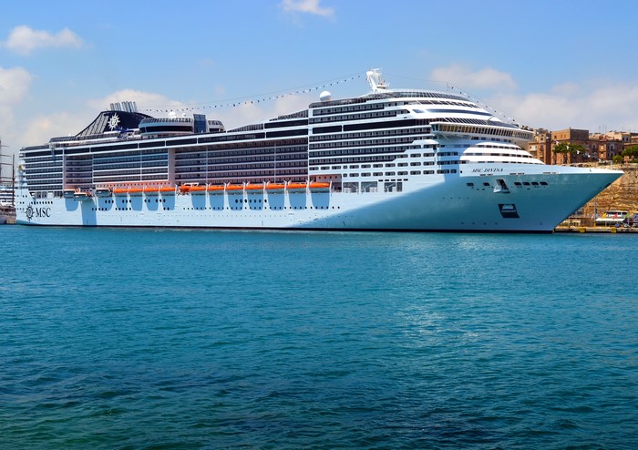MSC Divina cruise ship docked in a harbor