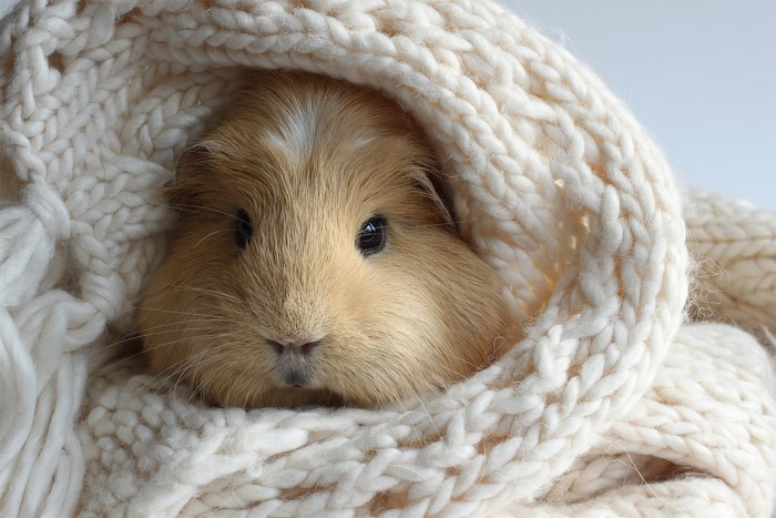 Guinea pig wrapped in a knitted blanket