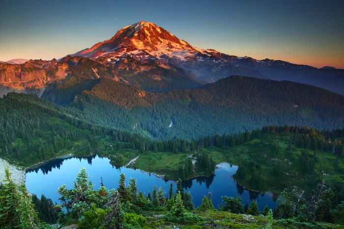 Mount Rainier National Park with Lakes at Sunrise